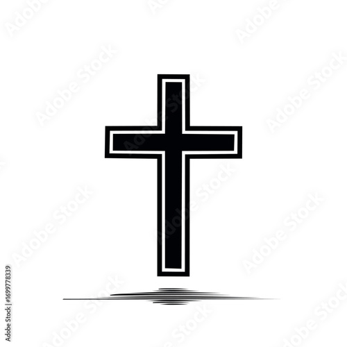 A simple black Christian cross symbol with a white outline, casting a subtle shadow on a white background.
