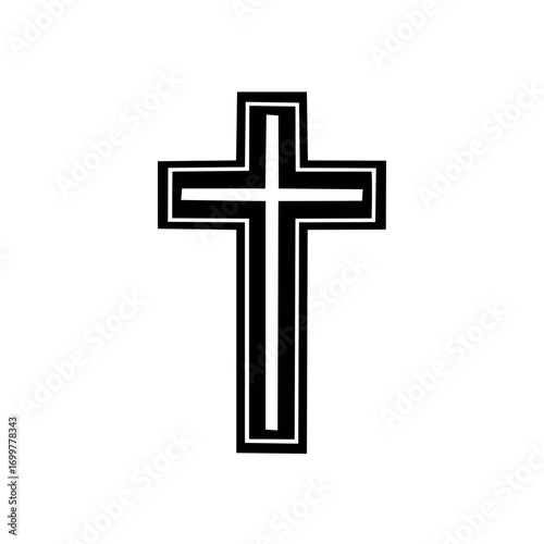 A simple, black and white graphic representation of a Christian cross symbol.