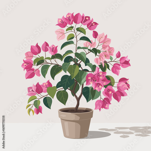 This vibrant illustration of a bougainvillea features beautifully colored flowers and lush green leaves, creating an inviting and tropical atmosphere indoors or outdoors.