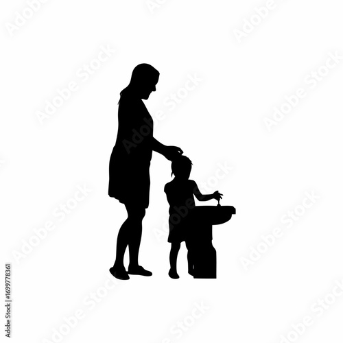 Silhouette of mother guiding toddler to wash hands isolated on white background