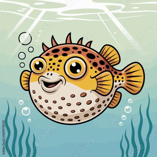 This charming illustration features a joyful puffer fish with a bright smile, bubbles, and an underwater setting filled with soft colors and aquatic plants, evoking happiness.