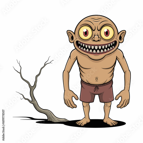 A whimsical cartoon character with oversized eyes and a wide grin stands next to a barren tree, evoking feelings of humor and unusual charm in a simplistic style.