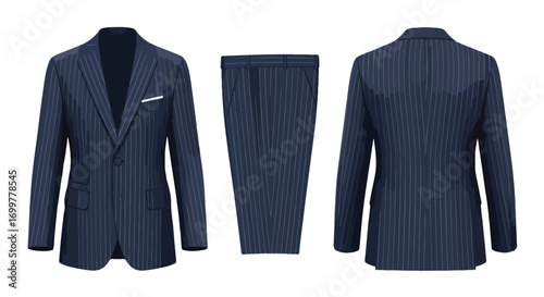 Navy Pinstripe Suit Displayed Front and Back with Matching Pants, Formal Attire Fashion, Modern Style, Professional Wardrobe Essential, Elegant Design