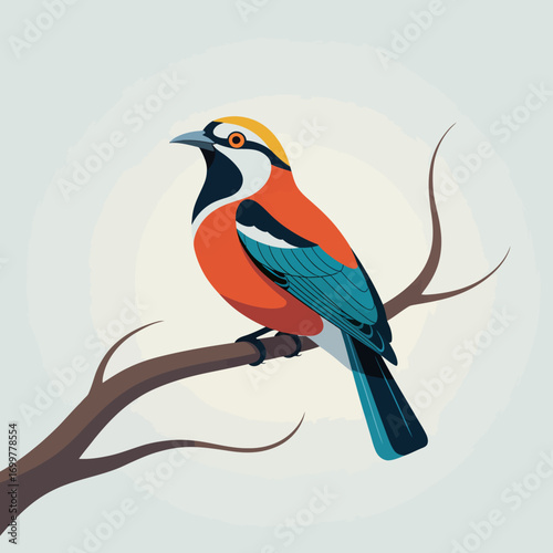 A bright and beautifully illustrated bird perches on a slender branch, showcasing vivid colors that represent the beauty of nature and its diverse wildlife.
