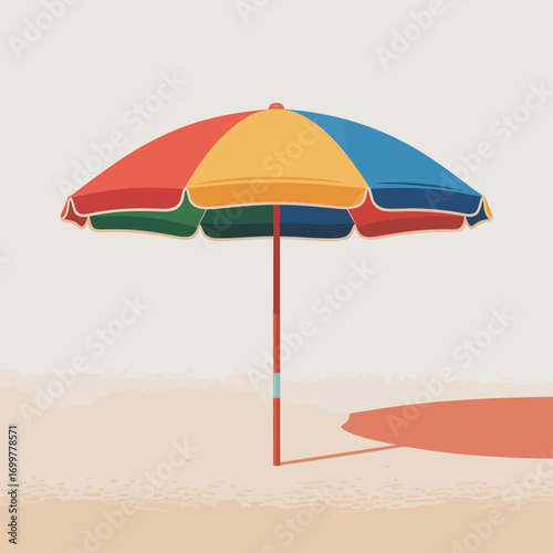 A colorful beach umbrella stands tall on a sandy beach, casting a small shadow. It represents relaxation and leisure, enhancing summer enjoyment for beachgoers.