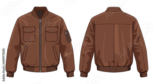 Detailed vector illustration showcasing a brown bomber jacket, front and back views, against a white background, perfect for fashion design or