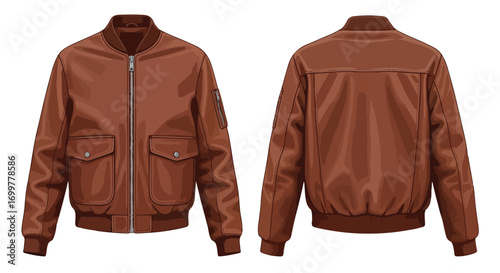 Stylish brown bomber jacket with zipper illustration, front and back view, perfect for fashion and clothing design applications