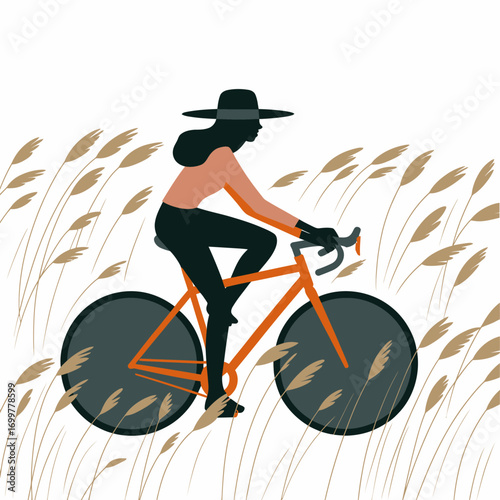 This graphic illustration portrays a woman cycling through tall grass, capturing a sense of freedom, adventure, and a connection with nature in a stylish and serene setting.