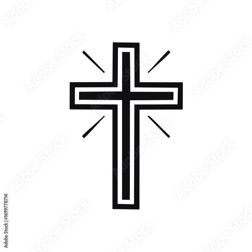 Simple black Christian cross icon with radiating light, religious symbol.