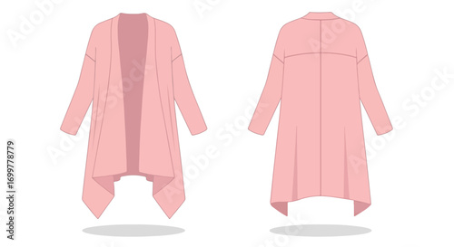 Vector Illustration of a Flowing Pink Cardigan, Front and Back Views Demonstrating Contemporary Apparel Design for Fashion Forward Individuals