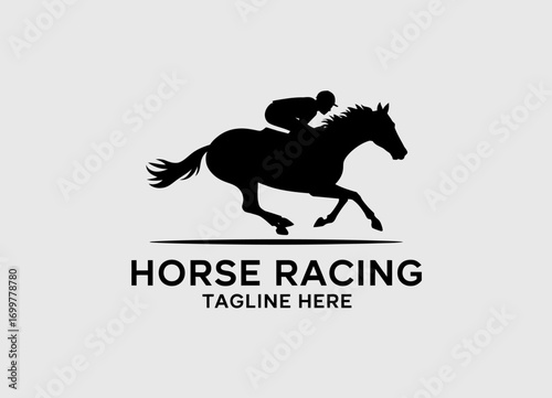 A striking silhouette logo showcasing a horse and jockey in motion, symbolizing speed, competition, and the thrilling excitement of horse racing events.