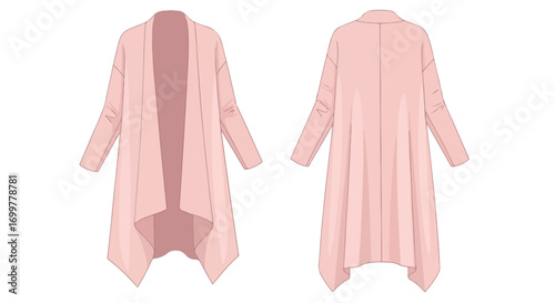 Illustration showcasing the drape and structure of a long, light pink cardigan with a modern open-front design viewed from both the front and back
