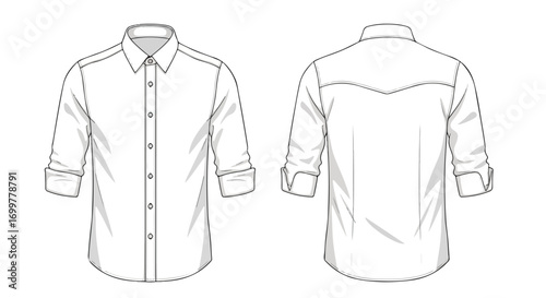 Technical drawing of a classic button-down shirt showcasing front and back views with rolled-up sleeves detail design
