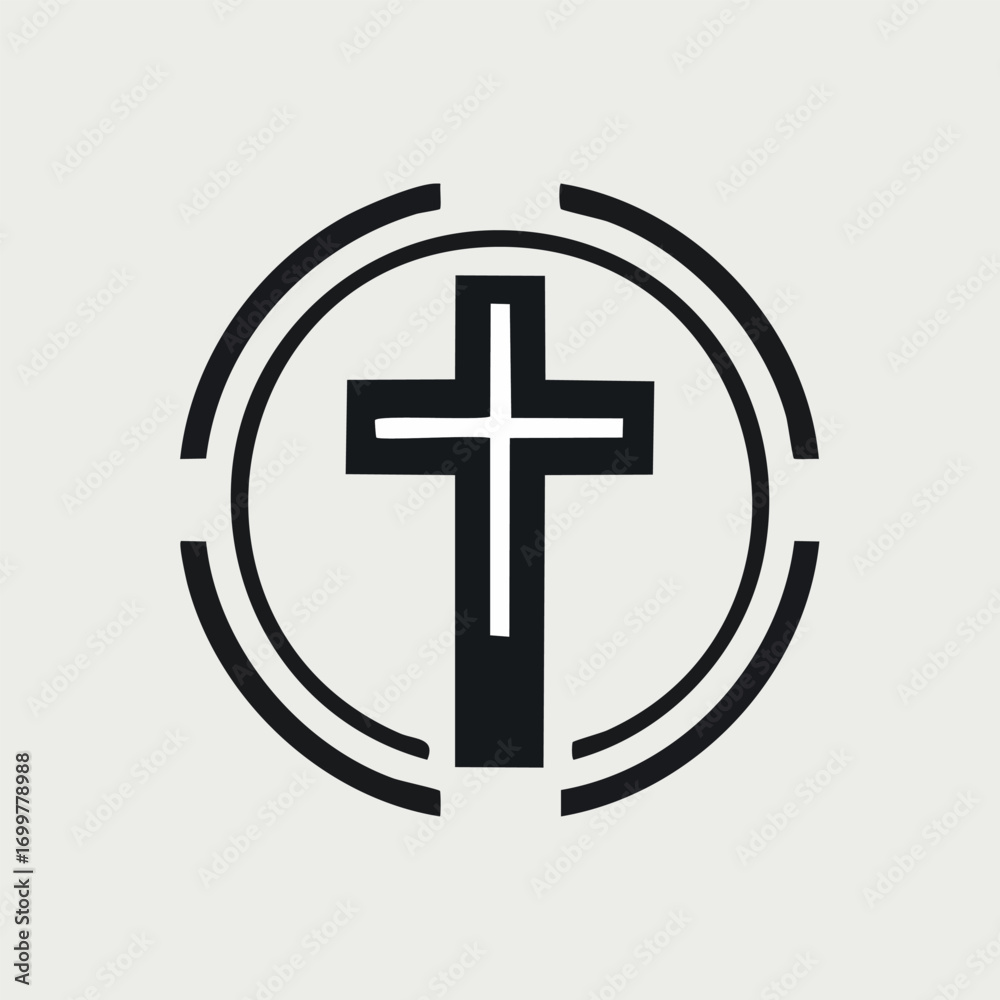 Fototapeta premium A black Christian cross is centered within a circle with broken lines on a light background.