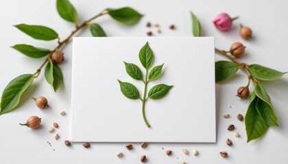 a high resolution biodegradable greeting card with eucalyptus seeds, highlighted by soft grainy surface, grows into plants after disposal, shown on seamless white with crisp detail.