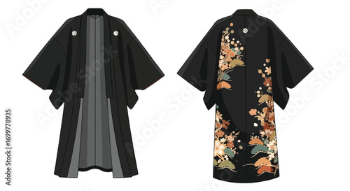 Elegant Japanese Kimono Illustration: Front and Back Views with Traditional Floral and Pine Design Depiction