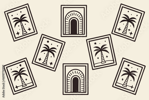 Retro Palm Tree and Archway Illustrations on Cream Background Keywords: palm tree, tropical, archway