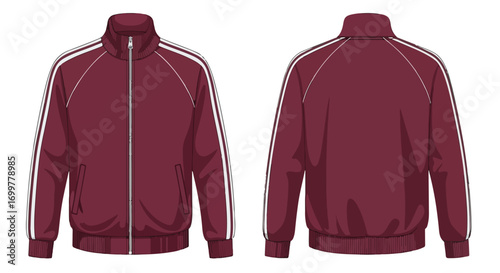 Maroon tracksuit jacket template showcasing front and back design details with white stripes emphasizing modern athletic fashion