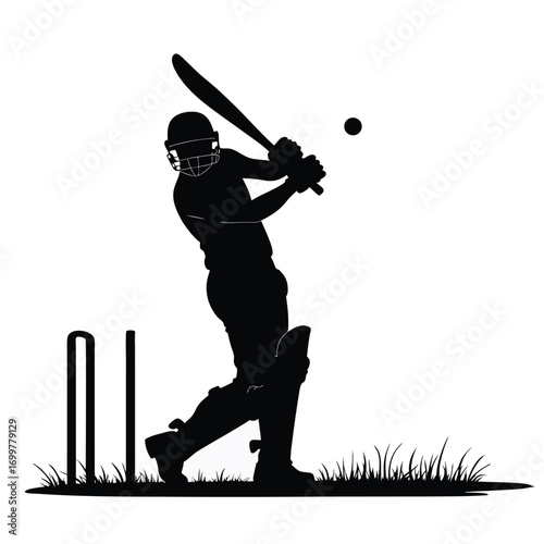 Cricket batsman silhouette with wickets on white background Keywords: cricket, batsman
