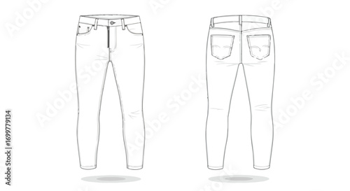 Technical drawing showcasing the front and back views of slim-fitting women's jeans on a pristine white backdrop creating simple clean fashion