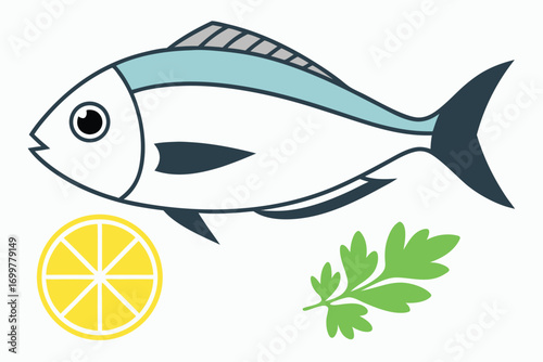 Simple Cartoon Fish With Lemon Slice And Parsley Sprig illustration
