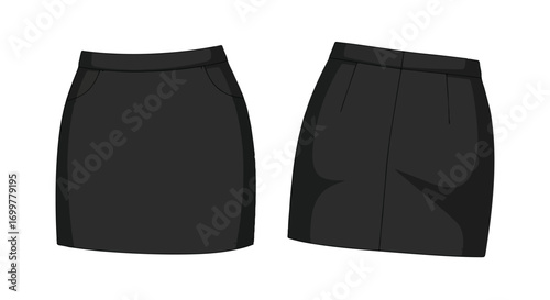 Two black pencil skirts showcase a classic and versatile design, perfect for various formal or casual settings with a minimalistic aesthetic