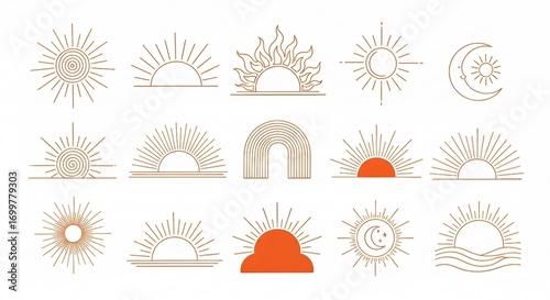 Boho Sun and Moon Celestial Icon Set | Vintage Line Art Mystical Graphics for Tattoo Design, Branding, and Spiritual Wellness