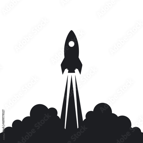 Black silhouette of a rocket launching into space with smoke and fire