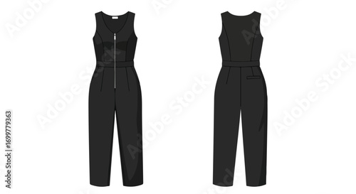Sleek black sleeveless jumpsuit with zipper detail showcasing front and back design concept for fashion illustration or catalog production