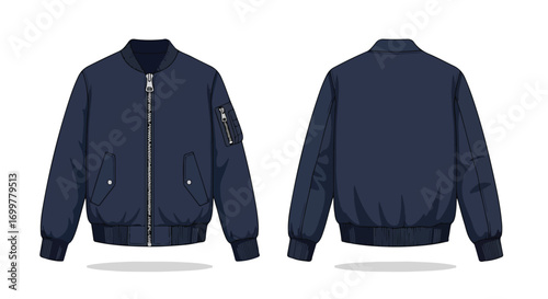 Detailed front and back illustrations of a navy blue bomber jacket, perfect for fashion design mockups and apparel presentations 100% vector graphics