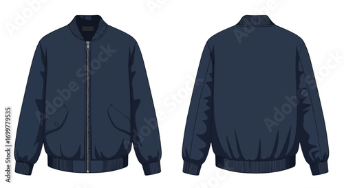 Detailed front and back views of a navy blue bomber jacket illustration showcasing contemporary style and textile design, perfect for fashion
