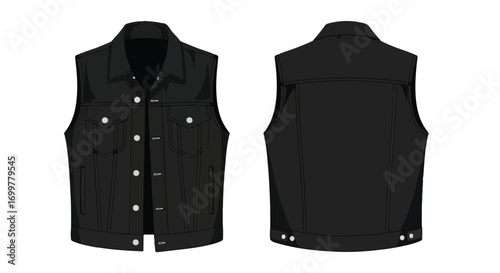Sleeveless black denim jacket showcases front and back views against a white background rendering a blend of classic ruggedness and modern aesthetics