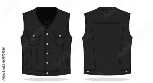 Black denim vest vector illustration displaying a v-neck design with button closures, side and chest pockets, showcasing front and back views on a