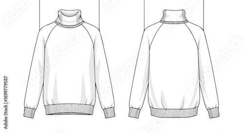 Technical drawing showcasing the front and back views of a turtleneck sweatshirt design for manufacturing and fashion design purposes