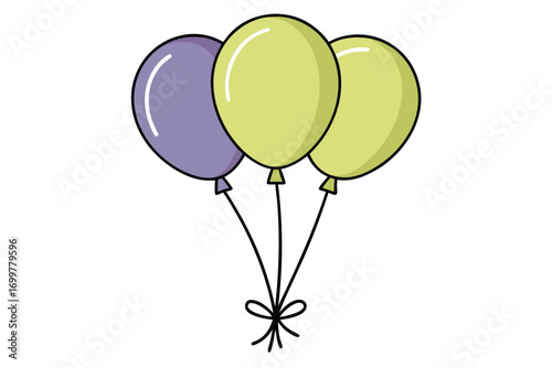 Three cartoon balloons tied with a bow on white background party celebration