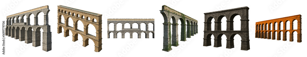 Fototapeta premium Roman aqueduct sections set including grey, beige, mossy, and sunset variations isolated. Ancient engineering and architecture collection.