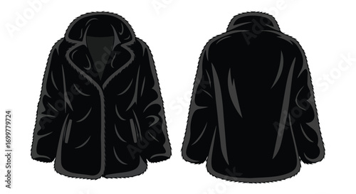 Luxurious black faux fur coat illustration: Front and back view for fashion design and winter apparel concepts
