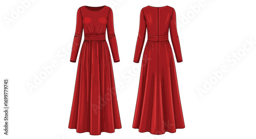 Elegant crimson gown displayed front and back, presenting a timeless classic style design illustration