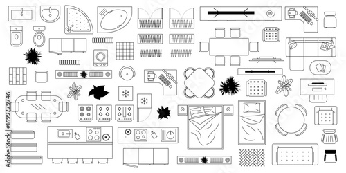 Furniture outline set with tables chairs and home decor. Furniture outline top view