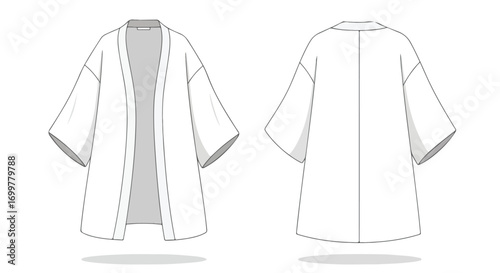 Kimono illustration in front and back view depicting a stylish garment with flowing sleeves and a simple aesthetic