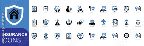 Flat Insurance Icons Set – Modern Protection, Security, and Safety Vector Illustrations for Business and Finance