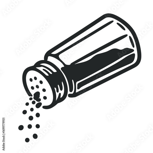 Salt shaker pouring out seasoning onto a white background
