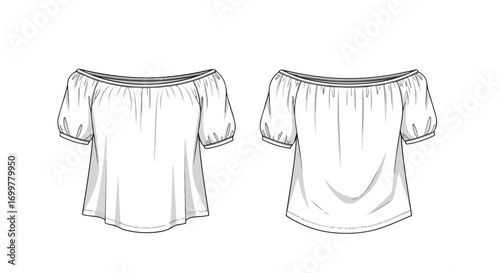 Technical drawing of a white off-the-shoulder blouse showcasing front and back views for garment design and fashion illustration