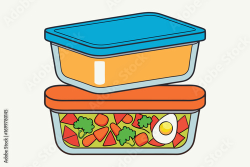Two Stacked Food Storage Containers with Blue and Orange Lids Keywords: food storage, container, lunch box
