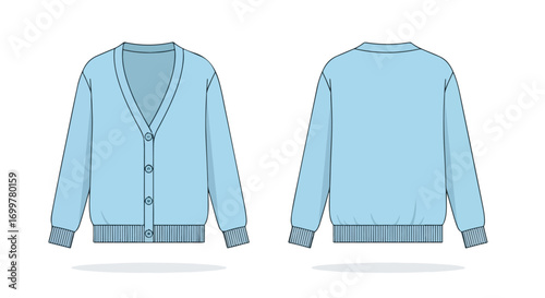 Illustrative light blue cardigan, showcased in front and back views, meticulously detailed with shading and precise line work demonstrating garment