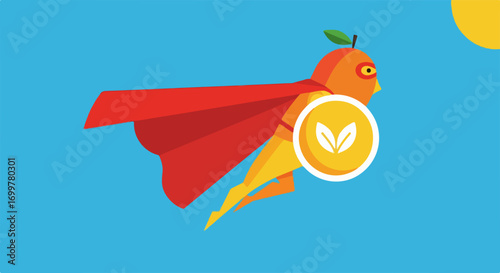 An illustration of a powerful orange fruit superhero with a red cape and a green leaf shield flying in a blue sky, symbolizing health and nutrition
