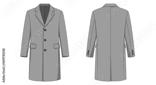 Elegant grey overcoat illustration showcasing front and back views for fashion design and retail concepts featuring clear details and proportions