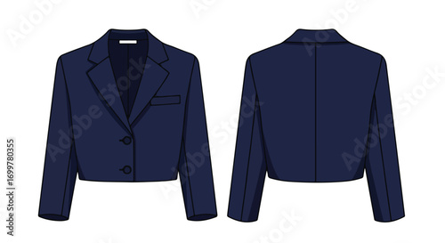 Modern navy cropped blazer design illustration with front and back views perfect for showcasing stylish outerwear pieces for fashion collections