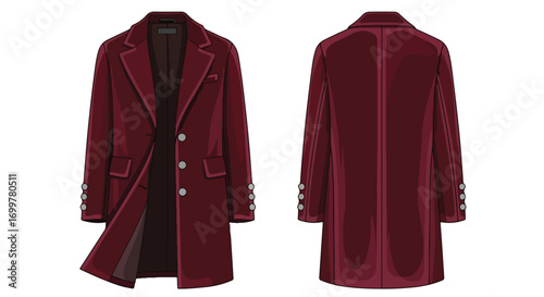 Detailed vector illustration of a stylish burgundy overcoat, showcasing front and back design on a clean white background