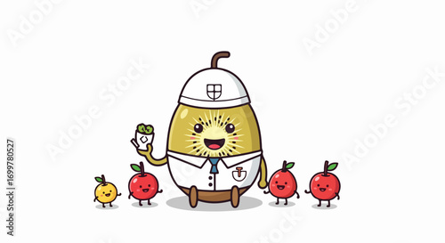 Adorable kiwi dentist mascot teaching smiling apple characters about oral hygiene. Cute vector illustration for pediatric dental care